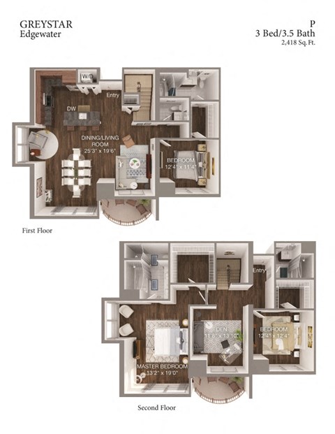 Floor plan for 3 beds, 3.5 baths, 2418 sqft